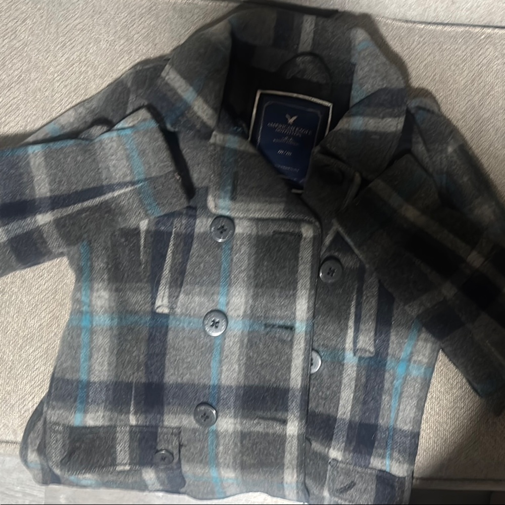 American Eagle Outfitters Gray and Blue Plaid Pea Coat